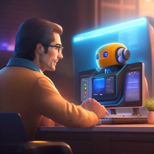 mężczyzna siedzi przy komputerze-robocie