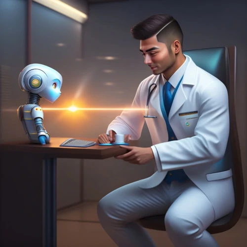 lekarz i mały robot ai w gabinecie lekarskim